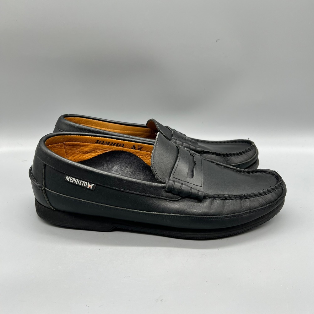 Mephisto Shoes Men 9.5 Black Leather Slip On Penny Loafers Moc toe Dress Comfort